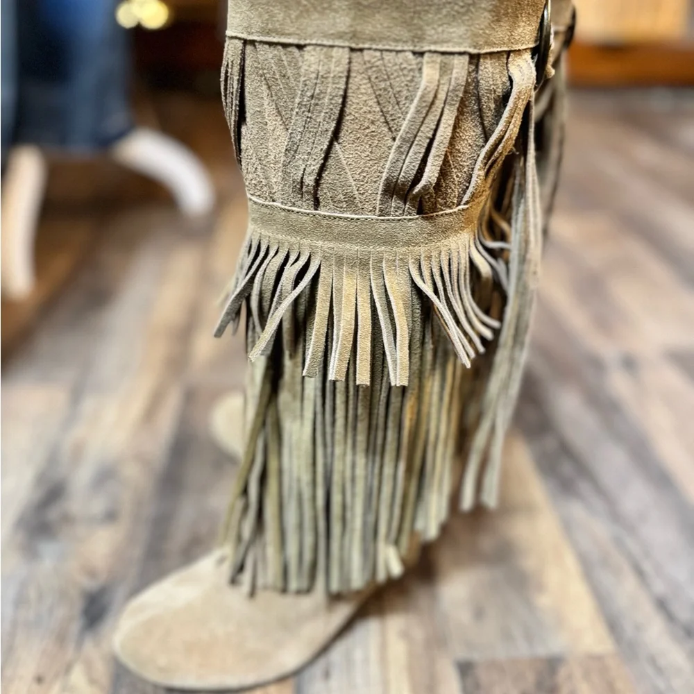 Encore Genuine Suede Fringe‎ Wedge Boots | Statement Boho Western | NWOB | 7